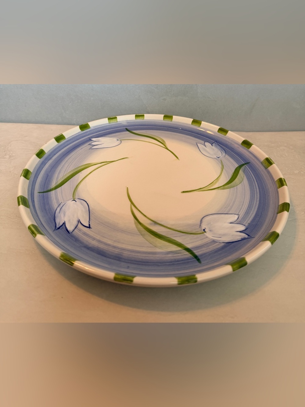 Bath & Body Works At Home Ceramic Plate 11” Blue & Green W/Tulip Design VTG